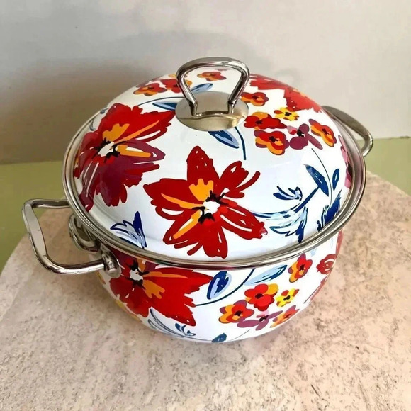 Crofton 4 Quart Floral Casserole Pot with Lid Whote Red Blue 5 x 11 inches - Picture 3 of 12